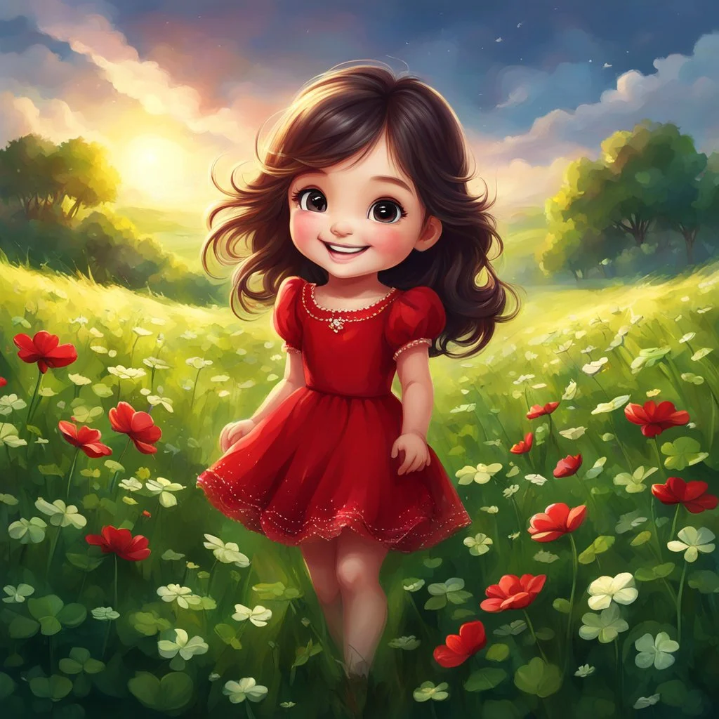 Adorable digital painting of a cute little girl in a gorgeous red dress smiling in a field surrounded by clover, front view, cute chibi face, glowing eyes, long dark hair, high quality