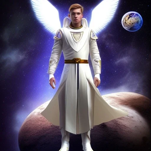 First image is of the main character's full body. He’s to look like a powerful celestial being with white robe, symbols on hands glowing, His background should be that of space above with stars and standing on a paradise of a planet. His belt can transform into a white dragon.