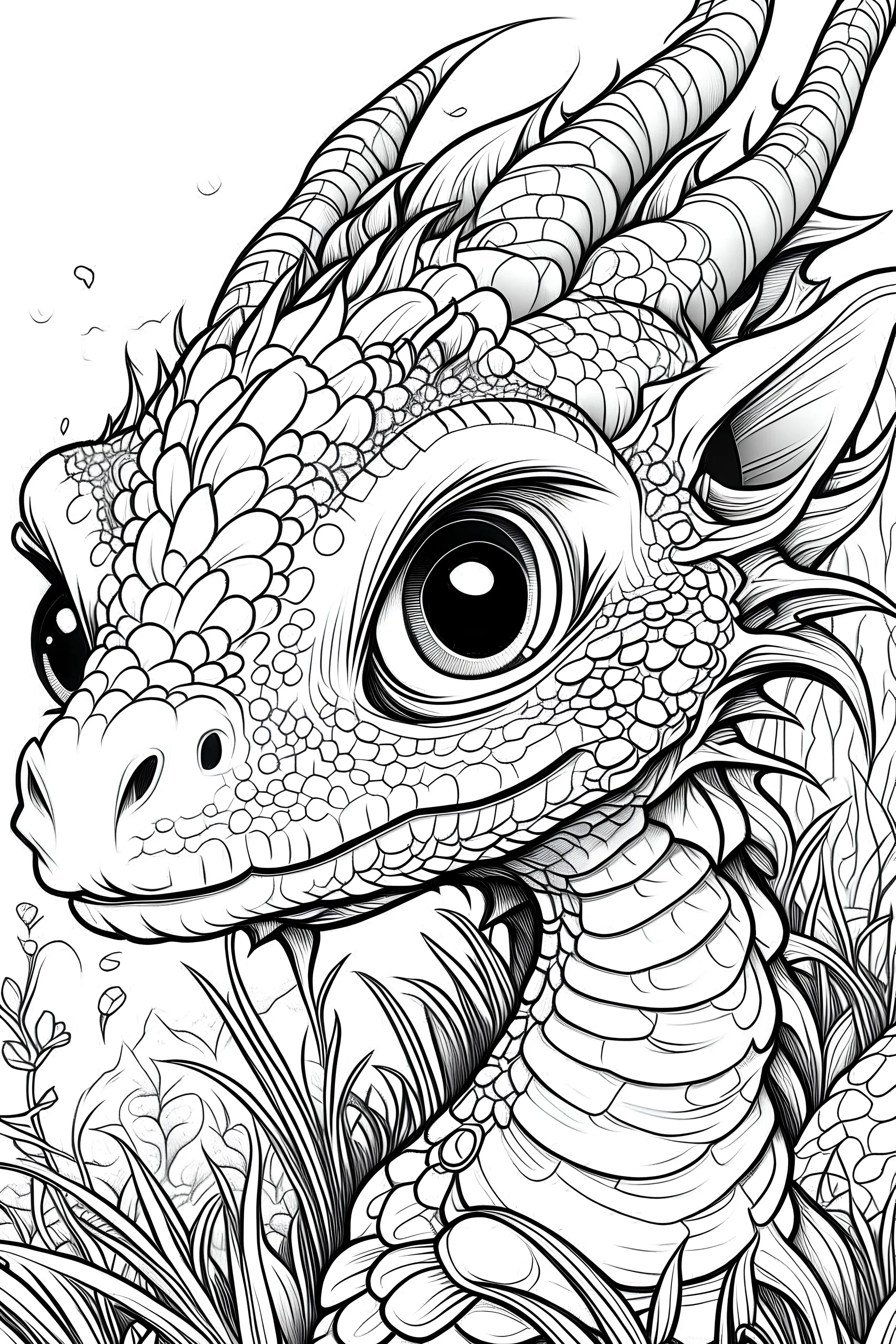 Clean coloring page on white background: comical baby dragon , 24mm portrait lens closeup, fairy tale style, focus sharp on main object, all white details, masterpiece white thinnest and clean line ink drawing with extremely artwork, the best-detailed outline crisp art, sharpest monochrome coloring page, ultra clean monochrome vector image, isometric vector Art by Rebecca Dautremer and Corrine Carlson's iconic style , 8kit a clarity and clean appearance, 8k,