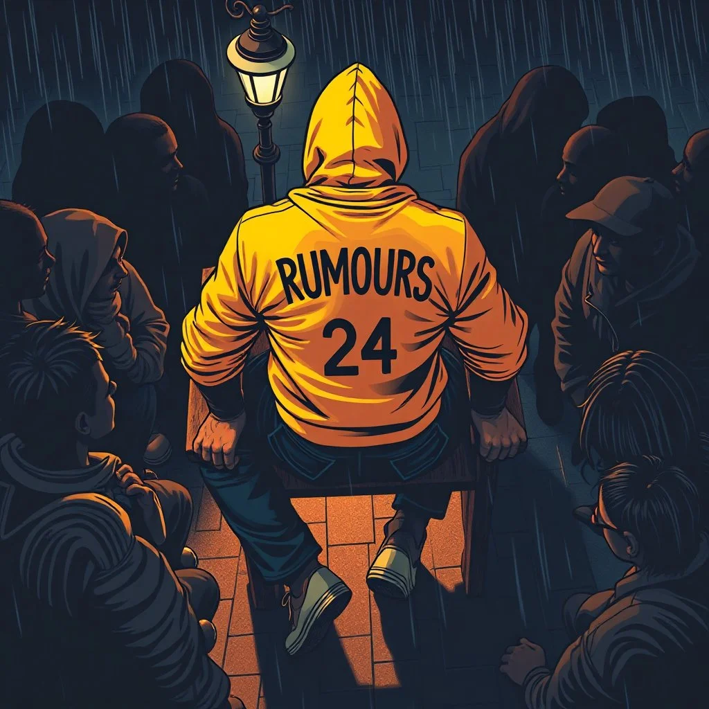 Top Angle Of Dark Silhouette Of People Talking Surrounding A Well-Built Man (Age 24) Covered In A Yellow Hoodie Sitting On A Rustic Chair And Posing Dramatically With His Legs Straight And "RUMOURS" Written On The Back Of His Hoodie, All Of This In Comic Art Style (Using Colors Navy-Blue, Maroon, Orange, Neon-Green And Brown) Along With A Street Light And Heavy Rainfall Giving Overall A Dramatic & Cinematic Ambiance.