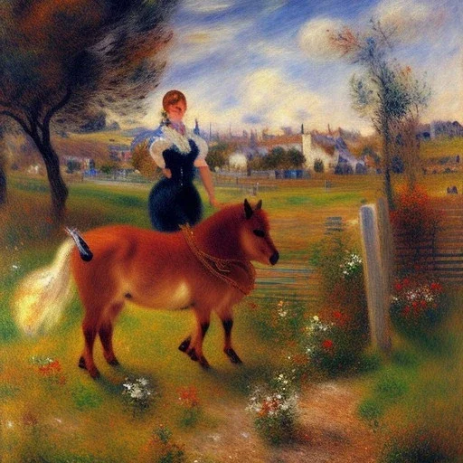 shetland pony, fence, field, oil painting, by Renoir, summer daytime, dreamlike