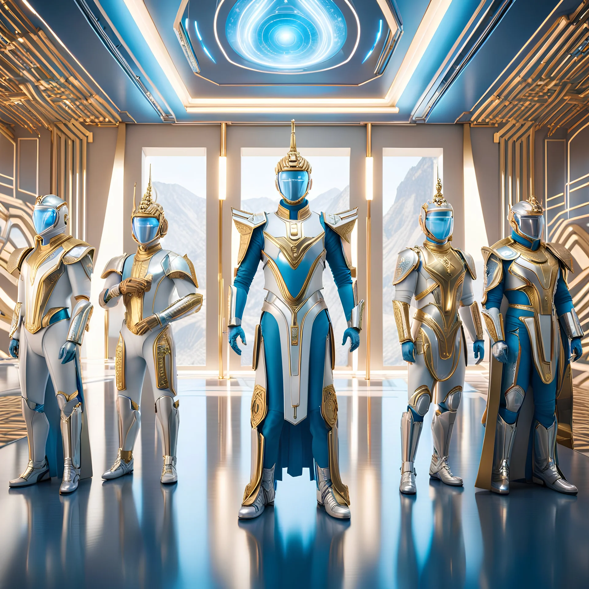 (masterpiece, best quality, 8k, RAW photo, beautiful and aesthetic:1.2), complex detail, Indirect light, photorealistic, (((full body))), Meeting of a group of caucasian and asian cosmic male gods smiling, Mixed, sci-fi and cyborg outfit Tron like with golden futuristic artifacts, white, blue and silver elements- Inside a great room of a flying saucer with a round hublot showing a galactic sunset