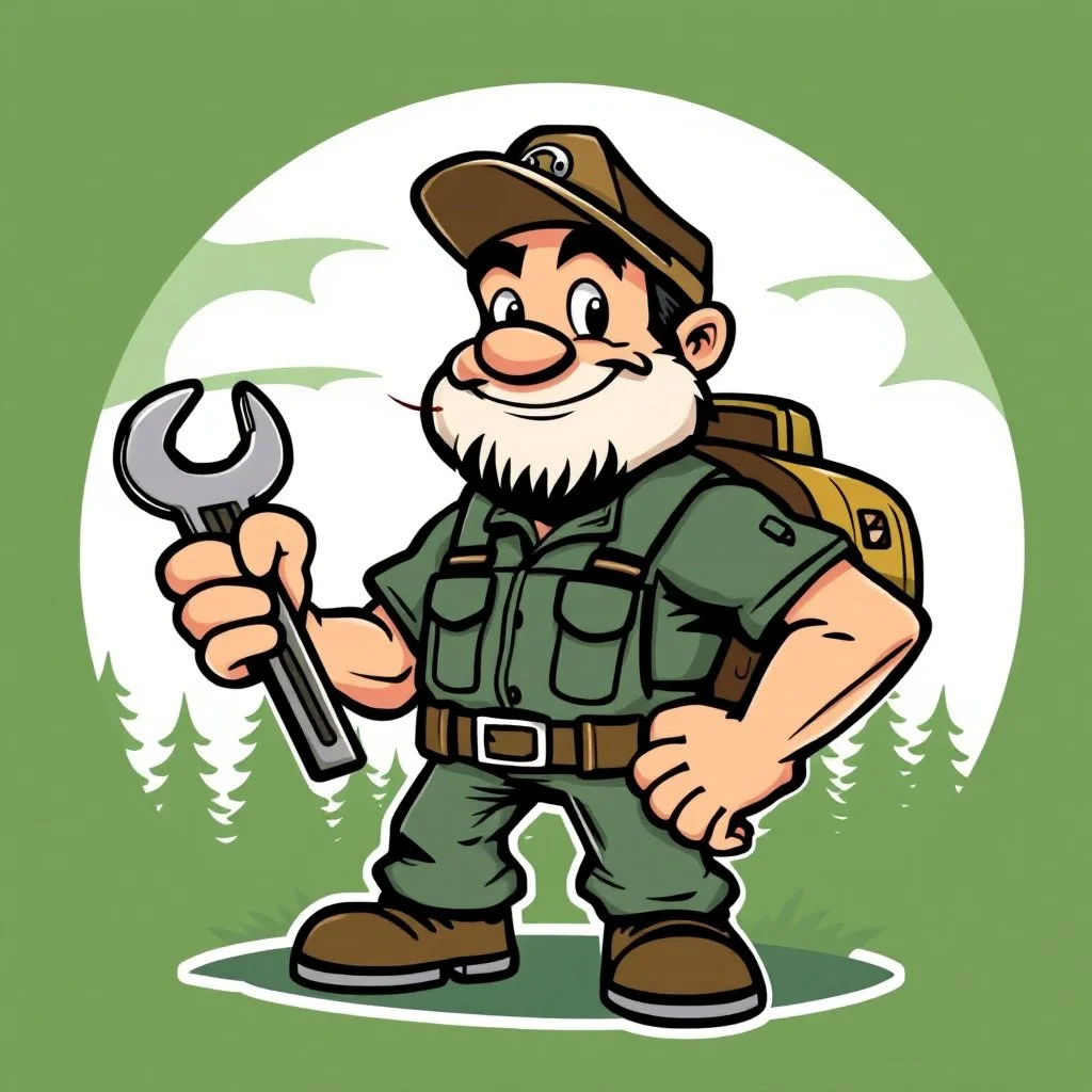 retro cartoon company mascot of a vehicle mechanic with a hint of forest ranger, holding a torque-wrench.