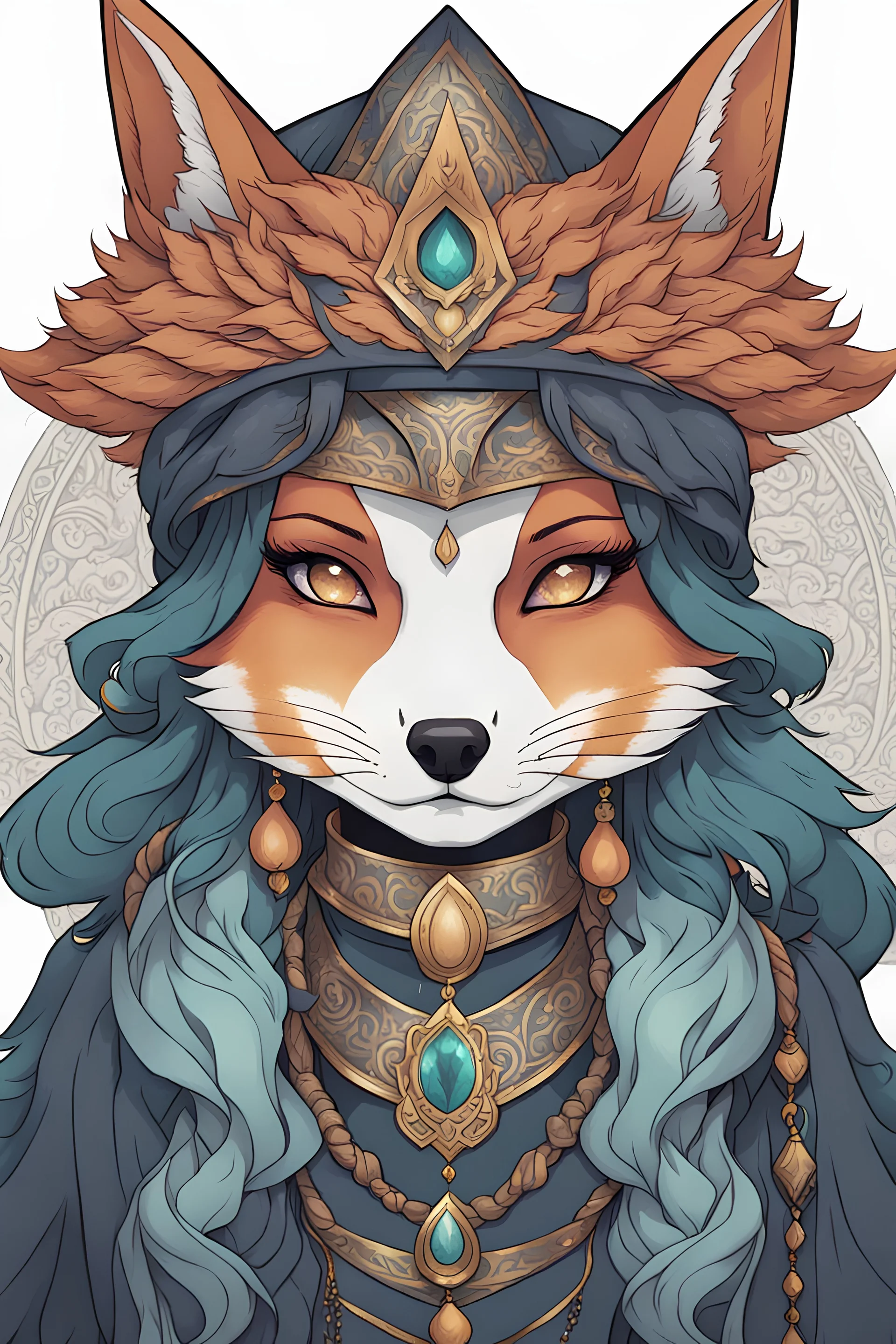 create an ethereal, darkly magical ,Kitsune sorceress with highly detailed and deeply cut facial features, illustrated in the style of Mindy Lee, Matias Bergara , and Hitoshi Yoneda, 4k precisely drawn, boldly lined and colored