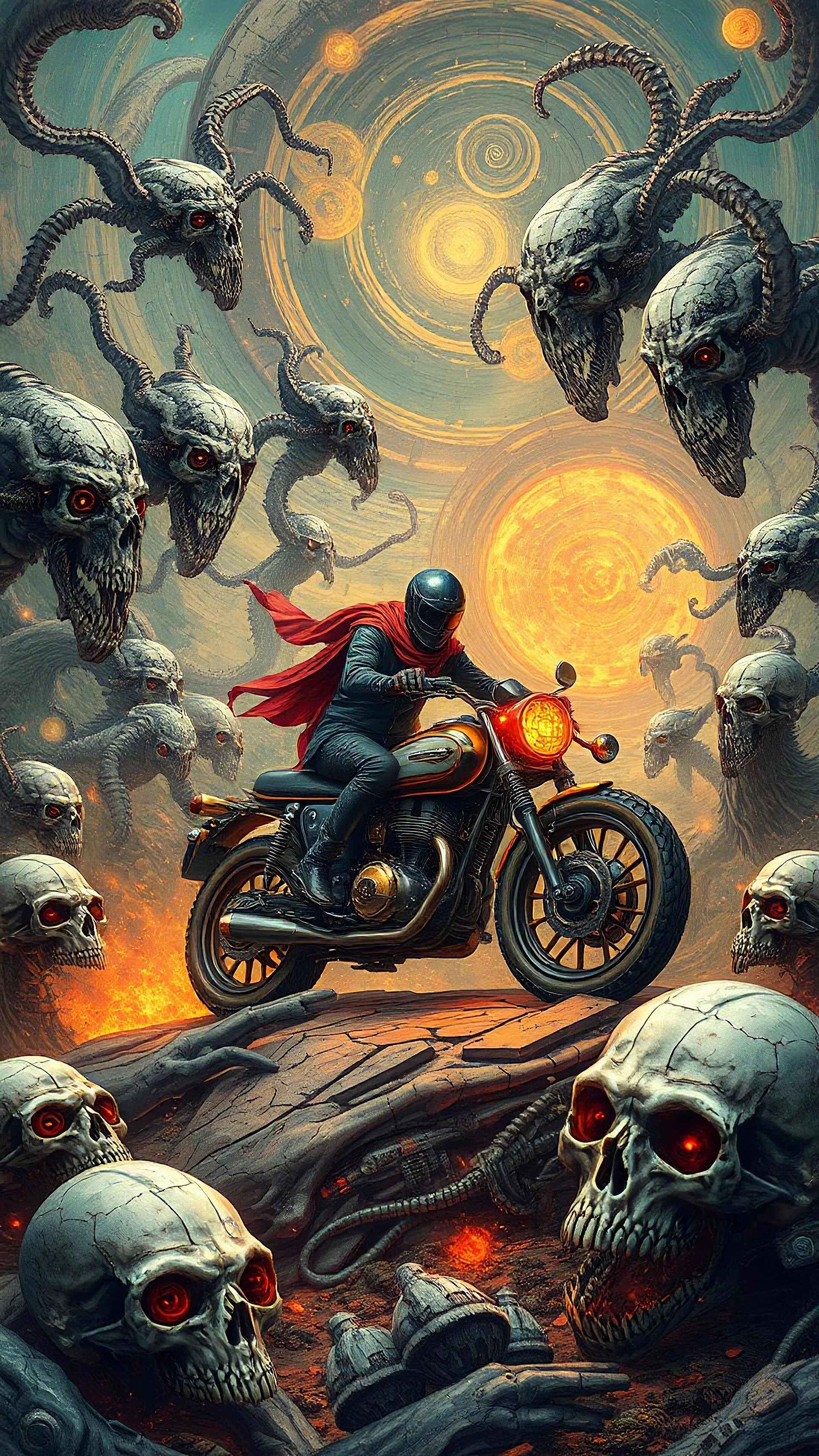 Create a highly detailed and intricate image featuring an otherworldly landscape that blends organic and mechanical elements. The scene should include a central figure on a motorcycle with glowing elements, surrounded by an array of fantastical creatures and skulls with mechanical parts. The background should be filled with swirling patterns, reminiscent of both machinery and biological forms, creating a sense of depth and complexity. Include vibrant colors that highlight the surreal nature of t