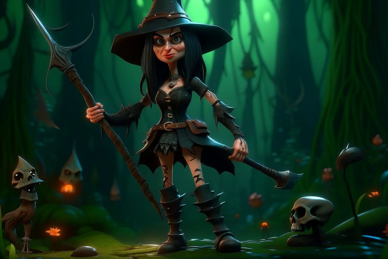 caricature, evil, dark arts, intricately painted, scariest female witch of the world, set in a jungle, (holding a machete:1.6), giant boots, punk, worn, bokeh, Low DOF, 16k, trending on artstation.