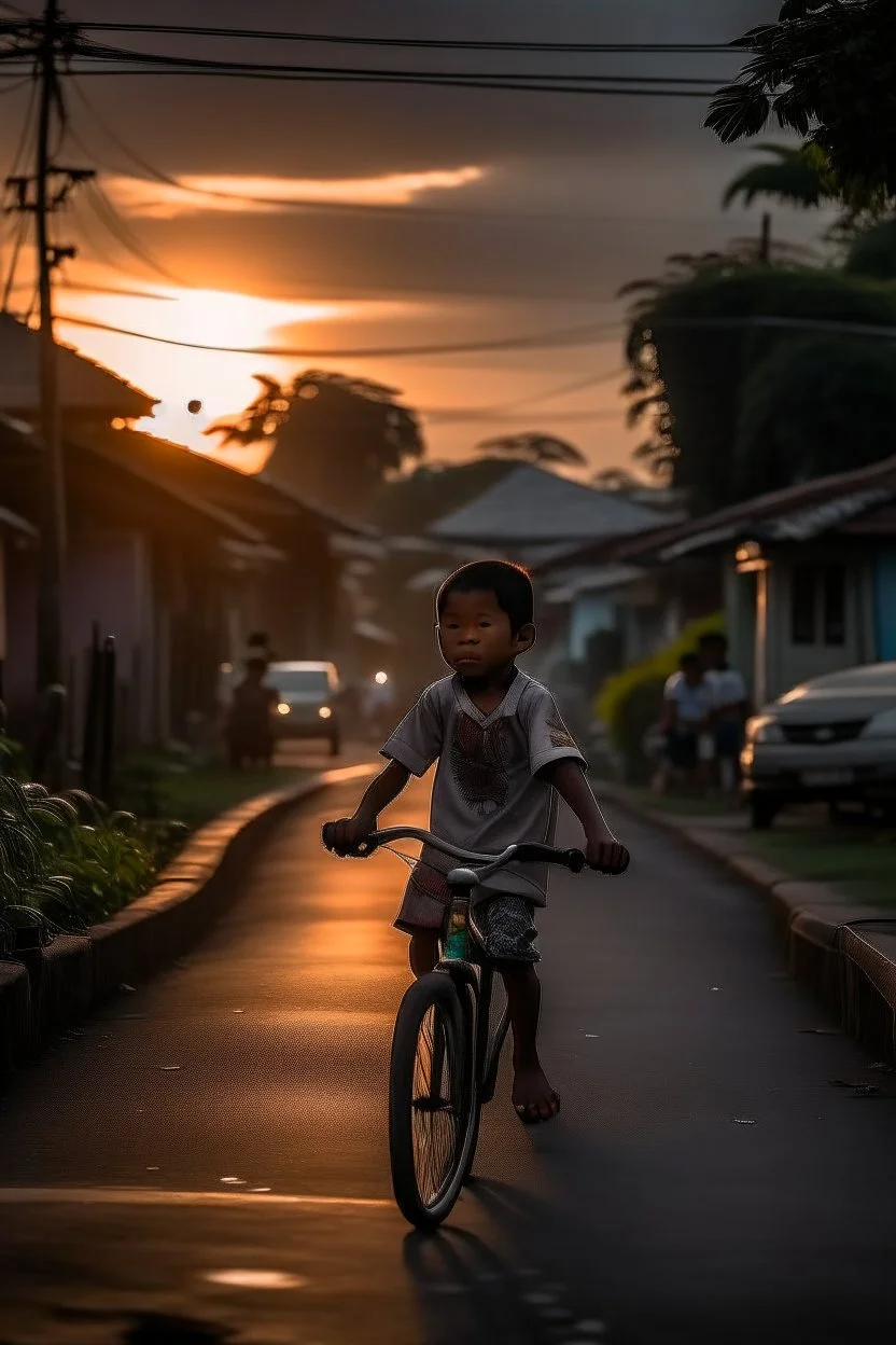 anak kecil berpetualang naik sepeda saat senja di jalanan pemukiman kota kecil indonesia