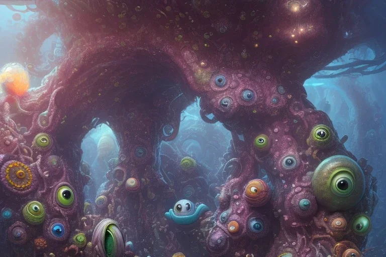 of a colorful deep sea cave with strange cute friendly happy creatures with huge eyes, mouth, long tongue and round teeth appearing from sandy coral, in the style of gehry and gaudi, macro lens, shallow depth of field, ultra detailed, digital painting, trending artstation, concept art, illustration, cinematic lighting, photorealism, epic, octane render