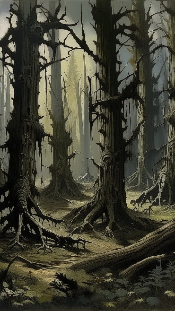 Black warped woodlands with dead trees and shadow monsters painted by Peter Carl Faberge
