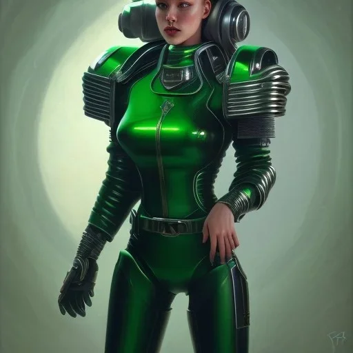 Young Woman as a ruggedly beautiful retro sci-fi space marine in a green pvc outfit, 1985, intricate, elegant, highly detailed, centered, digital painting, artstation, concept art, smooth, sharp focus, illustration, art by artgerm and donato giancola and joseph christian leyendecker, ross tran, wlop