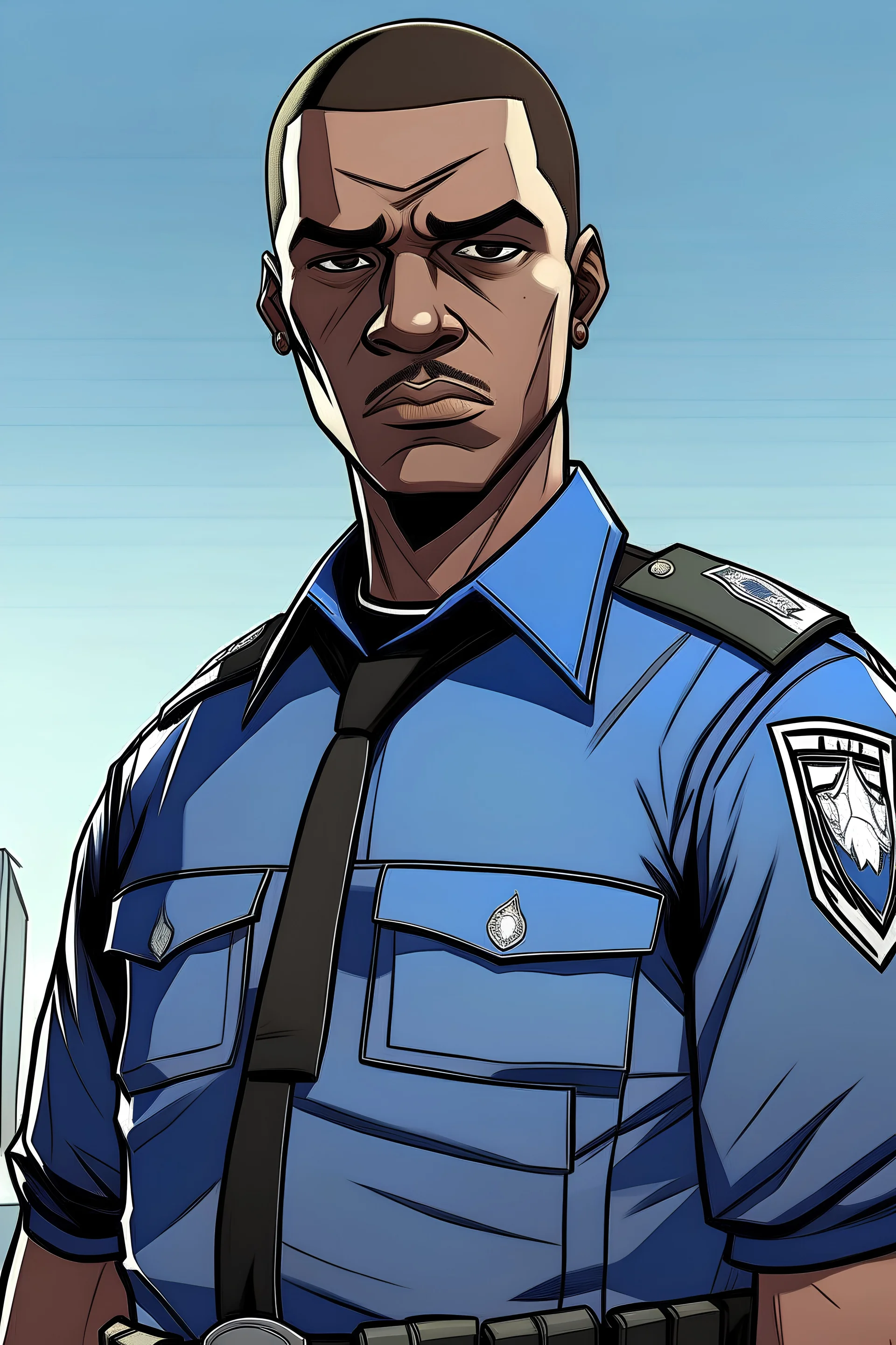 Draw me a black-skinned, young GTA character who is policeman officer. He should have a GTA mark, he should be tall,