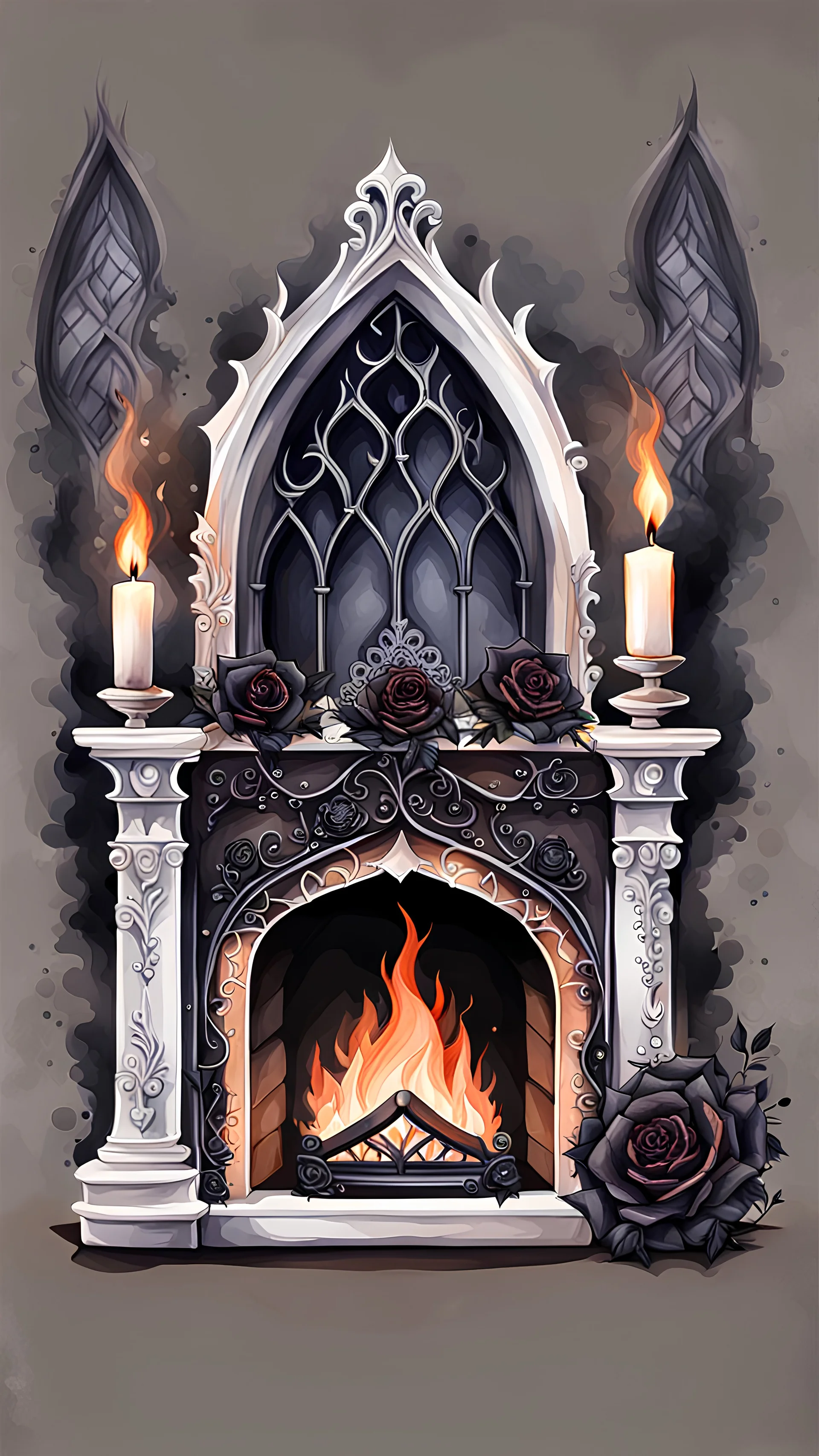 watercolor drawing Gothic fireplace with fire, black lace, pearls, black roses, on a white background, Trending on Artstation ::{creative commons}:: Illustration :: Color Grading:: Filmic, Nikon D750, Brenizer Method, Perspective, Depth of Field, F/2.8, Lens Flare, Tonal Colors, 8K, Full-HD, ProPhoto RGB, Perfectionism, Rim Lighting, Natural Lighting, Soft Lig