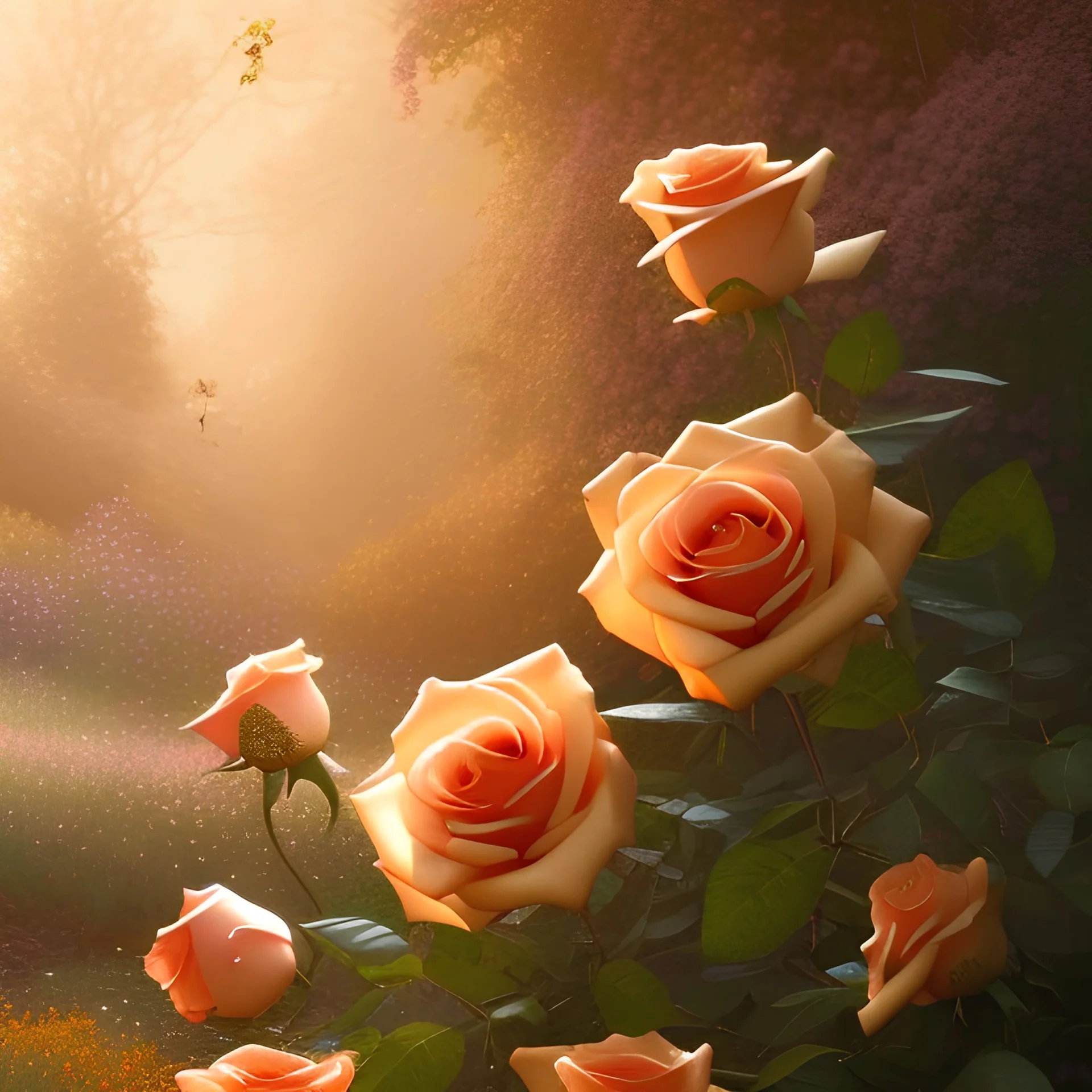 wonderful countryside, detailed gorgeous orange roses, glitter background, finely tuned detail, ultra high definition, 8 k, unreal engine 5, ultra sharp focus, illustration