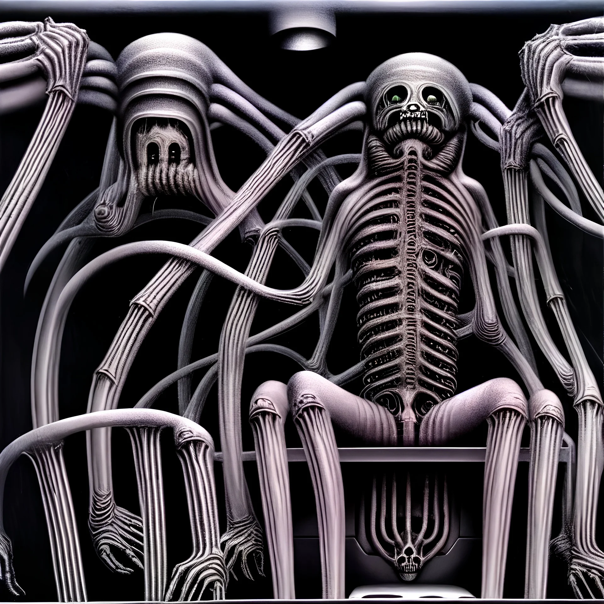 H.R. Giger art style. Sitting on the toilet. high detail. Fear inoculum album