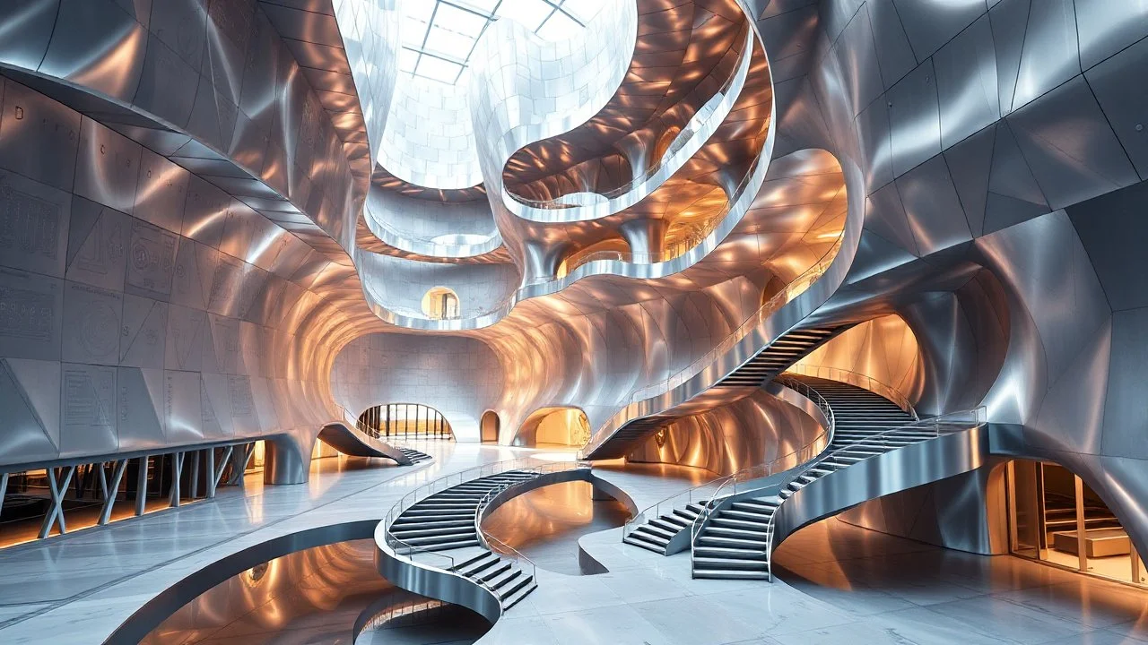 Futuristic building with a structure based on the Fibonacci sequence, dynamic facade with moving fractal patterns, reflective surfaces that transform light into visual equations, impossible Escher-style staircases, non-Euclidean geometry, ultramodern materials with a metallic finish, minimalist and technological atmosphere, hyperrealistic architectural rendering
