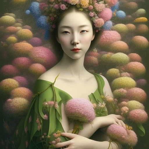 A surrealist painting showcases a woman, surrounded by blooming flowers. This masterpiece was crafted by the talented Ikuo Hirayama and is reminiscent of the works of Naotto Hattori. The subject's detailed face is partially obscured by a mask, and she is draped in a garment of rich green and pink. The painting draws inspiration from the works of Gong Li, Ayami Kojima, and Yoshitaka Amano, as well as Alexey Egorov's style. The woman is surrounded by stems and the piece has a collage-like quality,