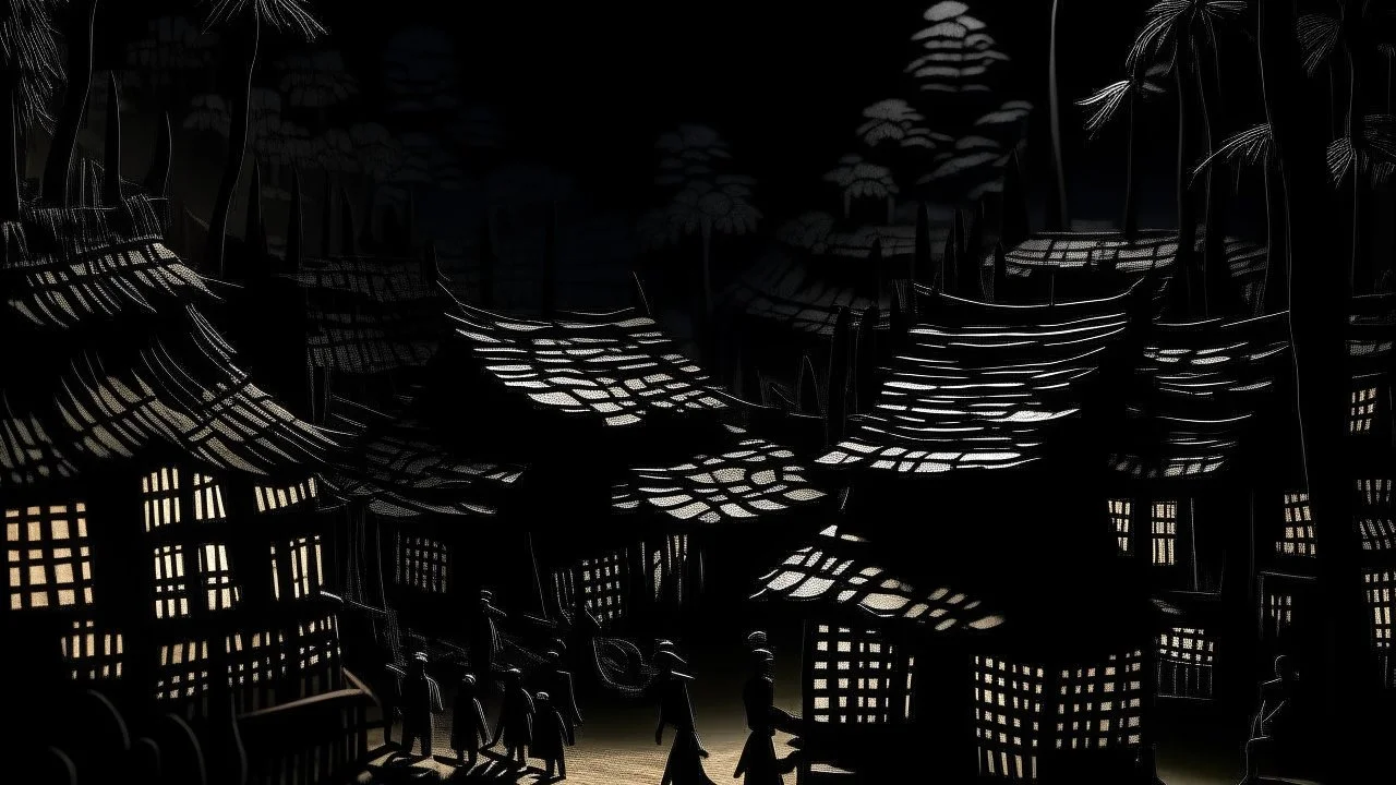 A black dark shadowy Japanese village designed in Javanese shadow puppets