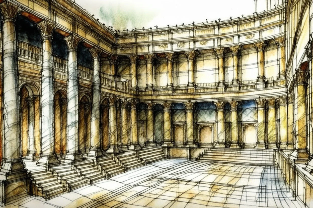 deseneaza cu penita si tus colorat cu acuarela , un sketch in stil minimal art , hasurat cu linii scurte de hasuri oblice scurte , cu mare acuratete si contrast , stil gravura pe metal reprezentand interiorul unui teatru din roma antica , in stilul miniaturilor persane