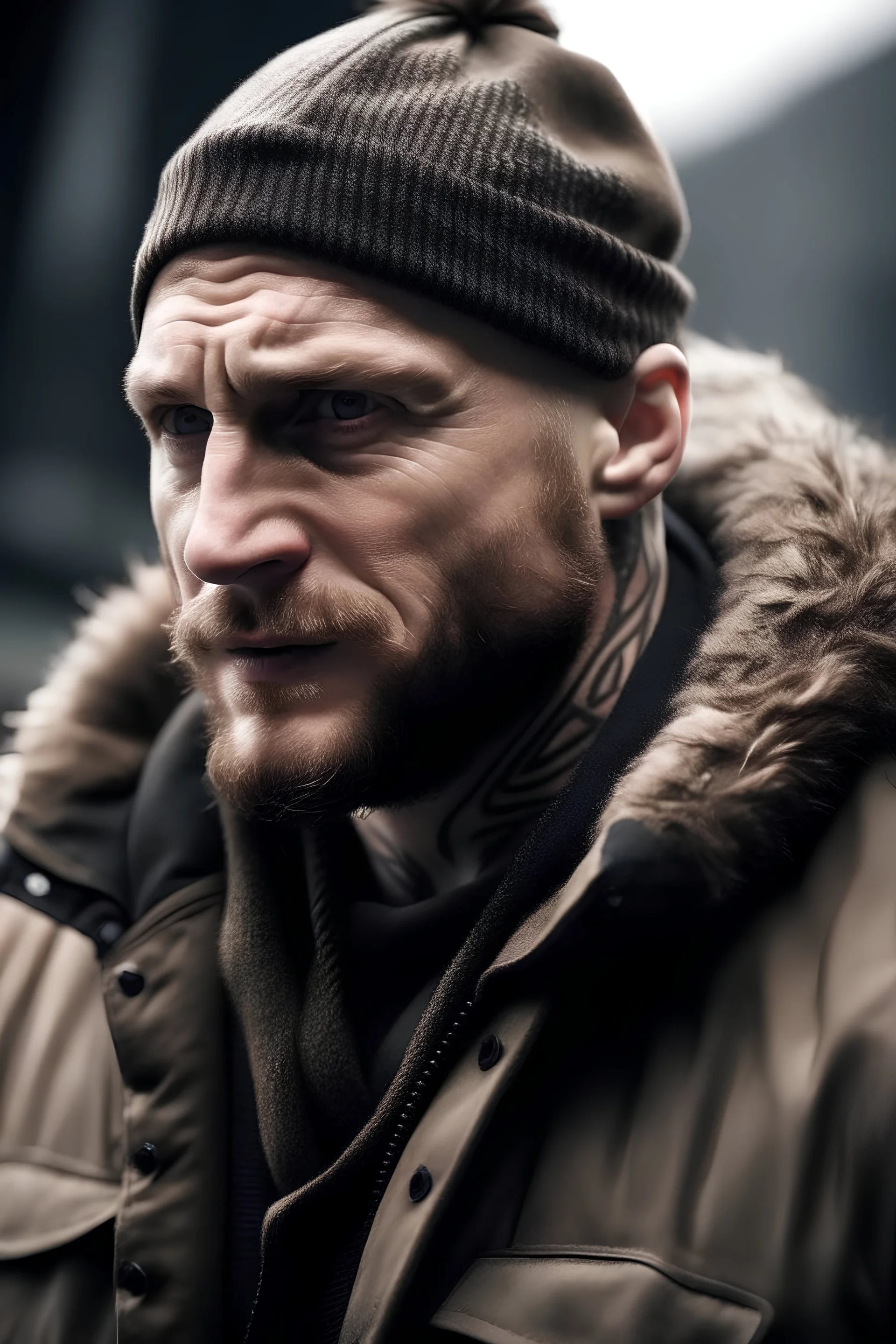 Norwegian war veteran, strong, brown beanie, beaten, grumpy, tom hardy