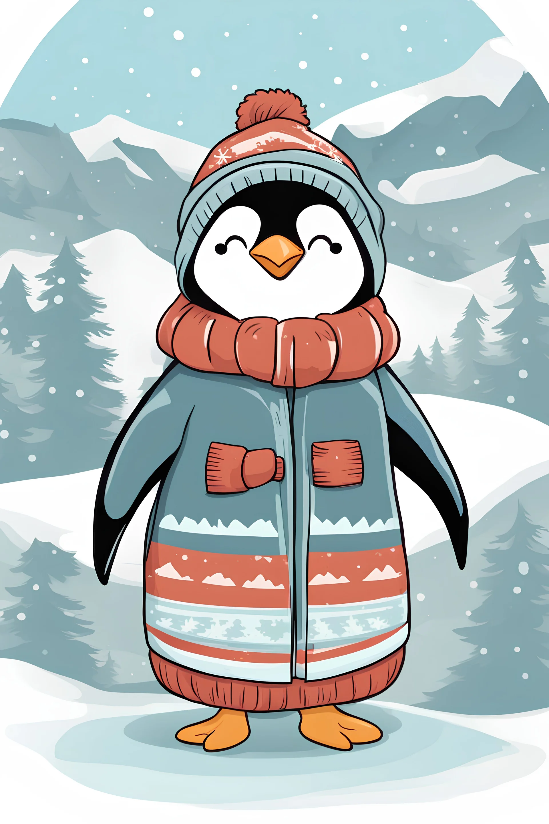 A cute cartoon penguin wearing winter clothes and a hat