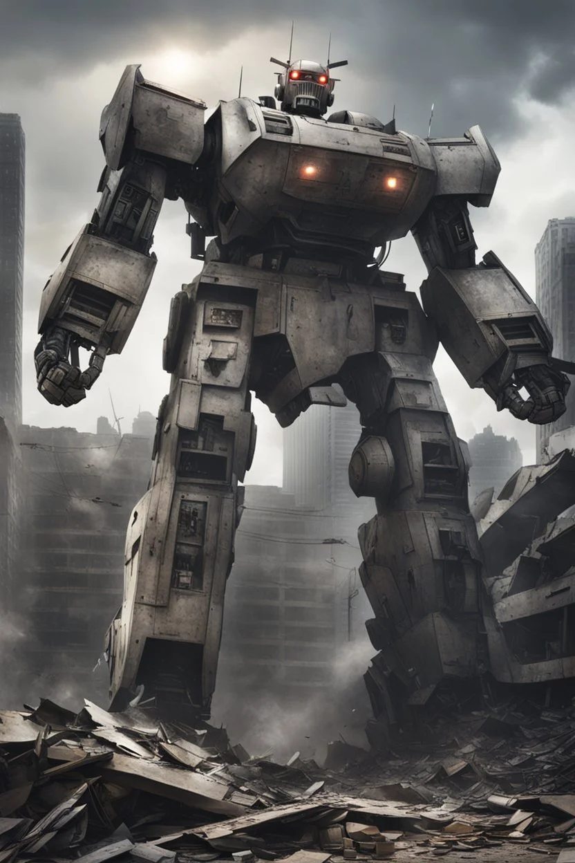Giant Gundamn robot in the wreckage of a city, photorealistic