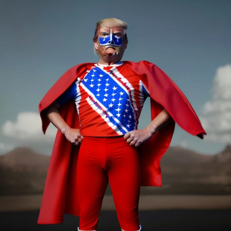 realistic image of donald trump as a mexican wrestling fighter posing outdoors, Mexican eyes wrestling mask, red and blue breeches, confederate flag cape, retro style, 80s, vibrant color, highly detailed, sky background, concept art, unreal engine 5, god rays, ray tracing, RTX, lumen lighting, ultra detail, volumetric lighting, 3d, finely drawn, high definition, high resolution.