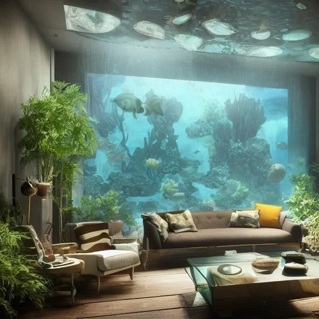 a gorgeous, stunning underwater livingroom with paned glass wall, dark wood floor, plants, stones, sofa and chairs, 8k resolution, high-quality, fine-detail, digital art, detailed matte, volumetric lighting, illustration, 3D octane render, brian froud, howard lyon, selina french, anna dittmann, annie stokes, lisa parker, greg rutowski, George Grie, Ben Goossens, Igor Morski