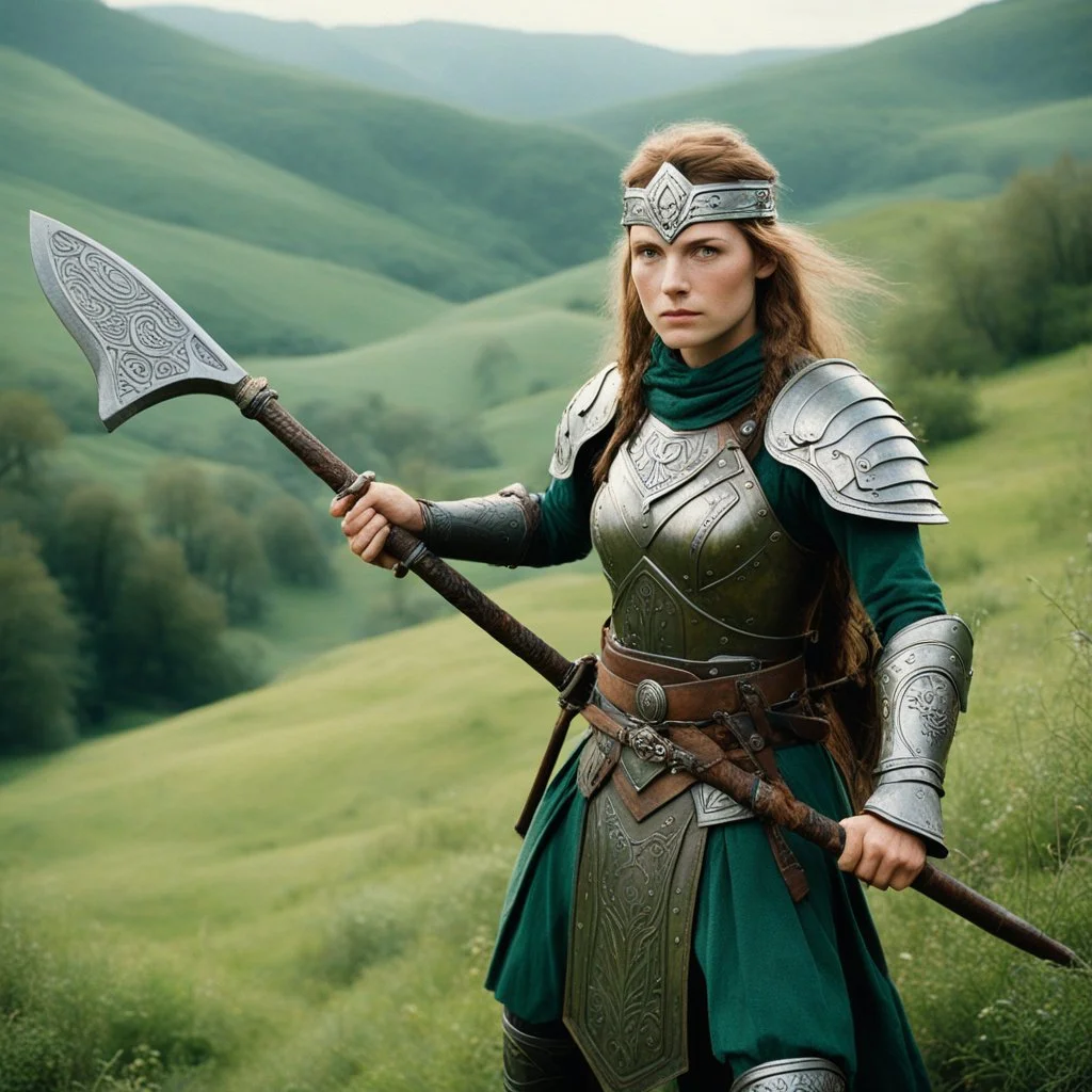 she is an iron maiden in the shire, with her battle-axe she is ready to defend her friends. Psychedelic, detailed 35mm film photograph. Resolute Hobbit iron maiden in rustic steel armor with etched patterns stands fiercely in the rolling green Shire hills. She holds a large, battle-worn two-handed battle-axe ready. Determined, brave expression. Braided hair. Round hobbit holes, gardens, distant conical hills under a swirling turquoise and magenta sky at golden sunset. Several hobbits, her friend