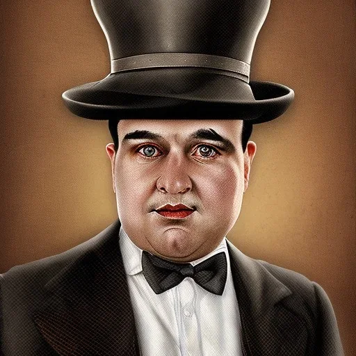 A 1930s Italian-American businessman in his 20s with a bowler hat and a tattered suit. He is obese and has a sad expression on his face. He is facing the screen.