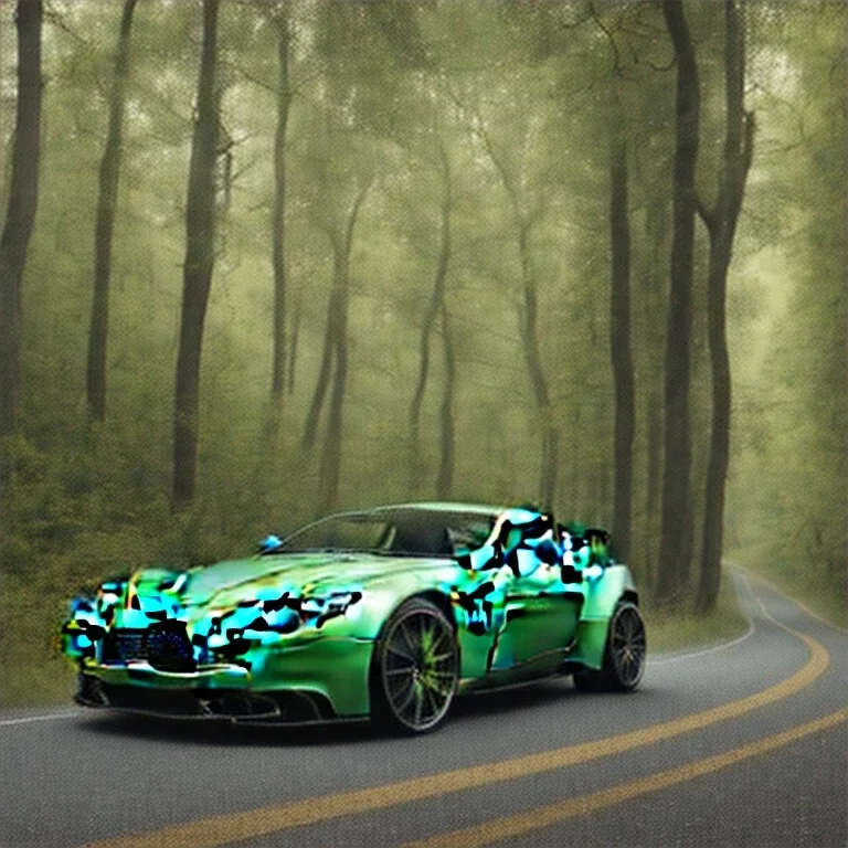 Centered, Single extremely detailed realistic Aston Martin sports car, moving on a detailed realistic road in dark woods, clear sky with visible planet, symetrical, HD, 4k, 8k, Car color= Dark green with black, Woods color=gray,black,dark green, Sky color= light blue and gray, lightning