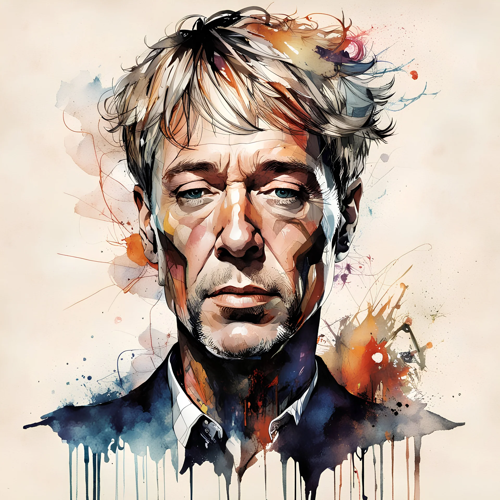 Portrait of David E Williams, maximal mind-bending watercolor illustration; by Cindy Sherman and Russ Mills