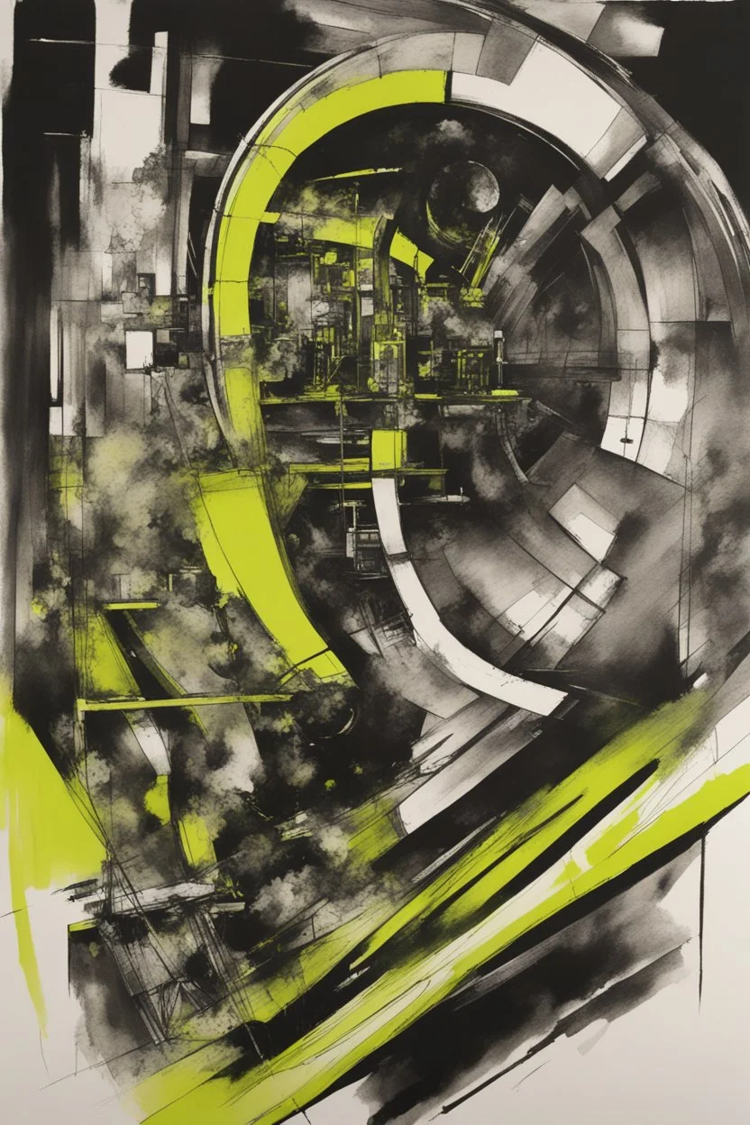 technological acceleration and puritan backlash; black and white Ink wash with Chartreuse accents