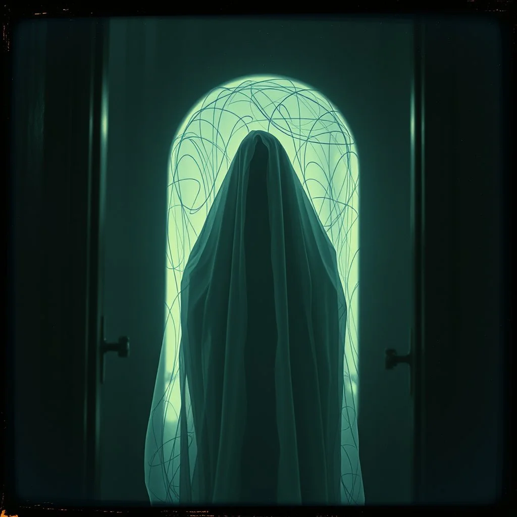 Dark creepy ghost, interior, Klimt, mirror, daguerrotype strong texture artistic polaroid volumetric light, 8k 3d intricate scribbles