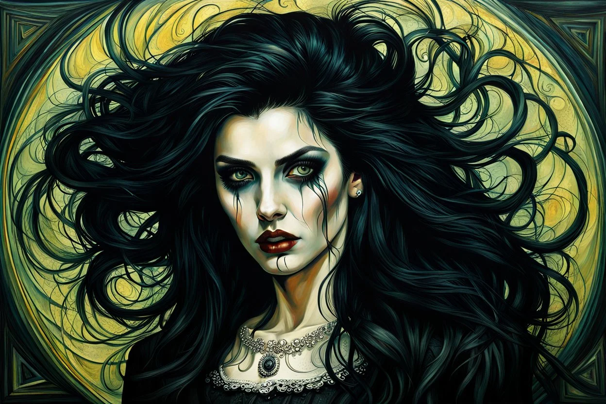 create a disturbing oil painting of a dark haired, savage, gothpunk vampire girl with highly detailed , sharply defined hair and facial features set against a swirling chaotic background, in the style of Leonardo da Vinci