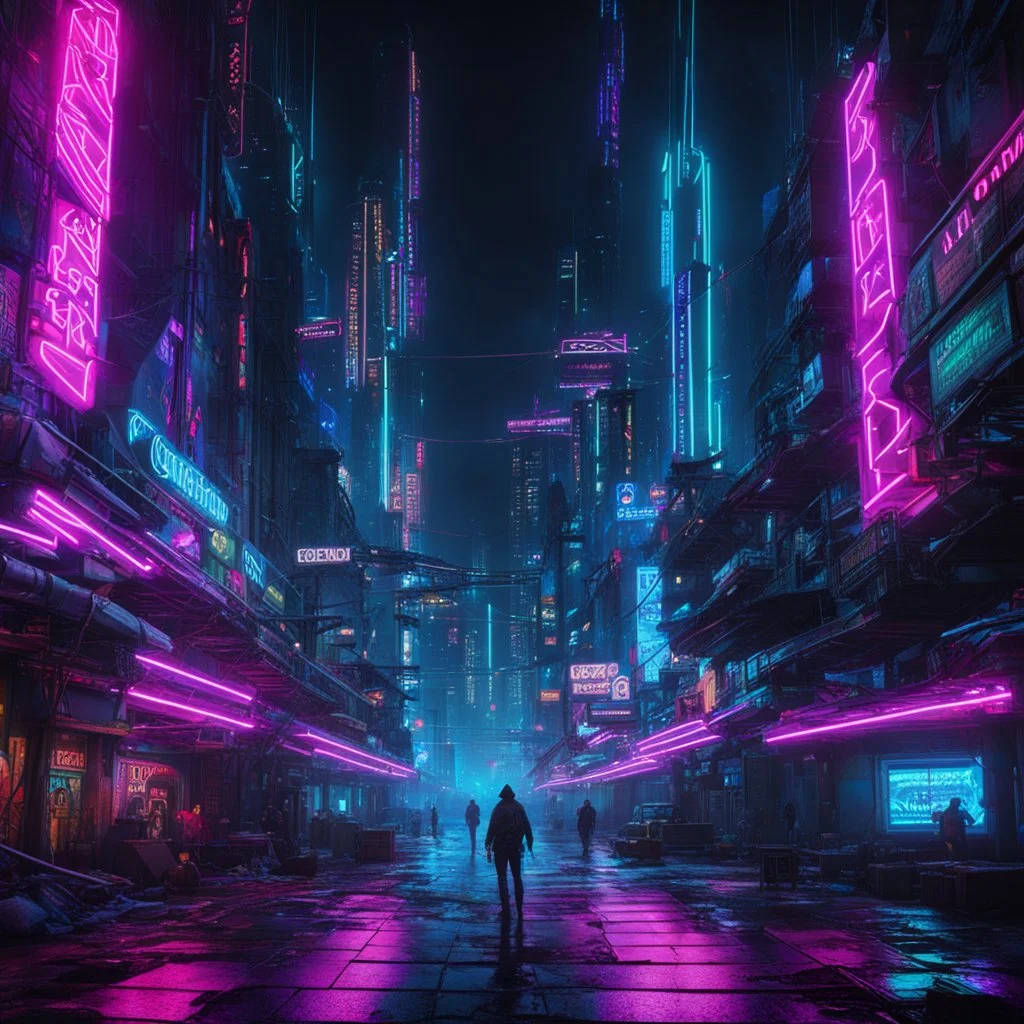 The neon-lit underbelly of a dystopian metropolis. Cyperpunk. Cyberspace. Dark. Epic. Neonlight. 4k.