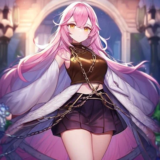 Clear focus,8k,Beatiful Lighting,Beatiful Blur,Beatiful Shading,Detailed,Pink long hair,fluffy hair, long fluffy bangs, Amber eyes, wearing a detailed outfit with lots of chains, must wear short skirt, sleeveless crop top, long cut sleeves, flowers on design alot