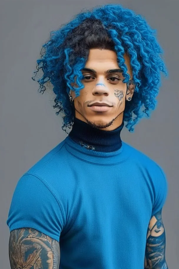 longish blue curly hair, brown skin, light eyes, tattoos, black turtle neck clothing