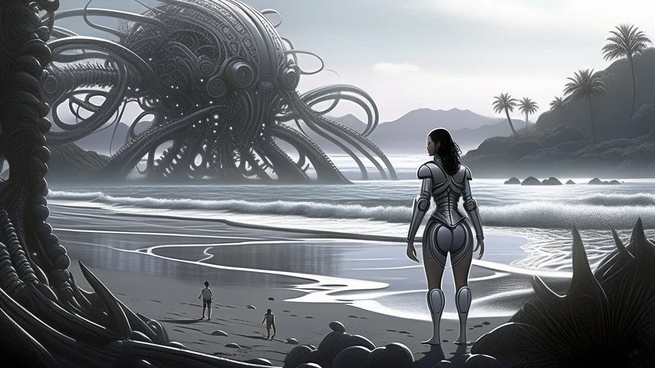 Detailed matte painting of a wide-angle shot of a woman, standing on the right side of an alien beach, with dark hair in a silver robotic catsuit, many large floating creatures with shells and long tentacles, alien jungle trees in the distance