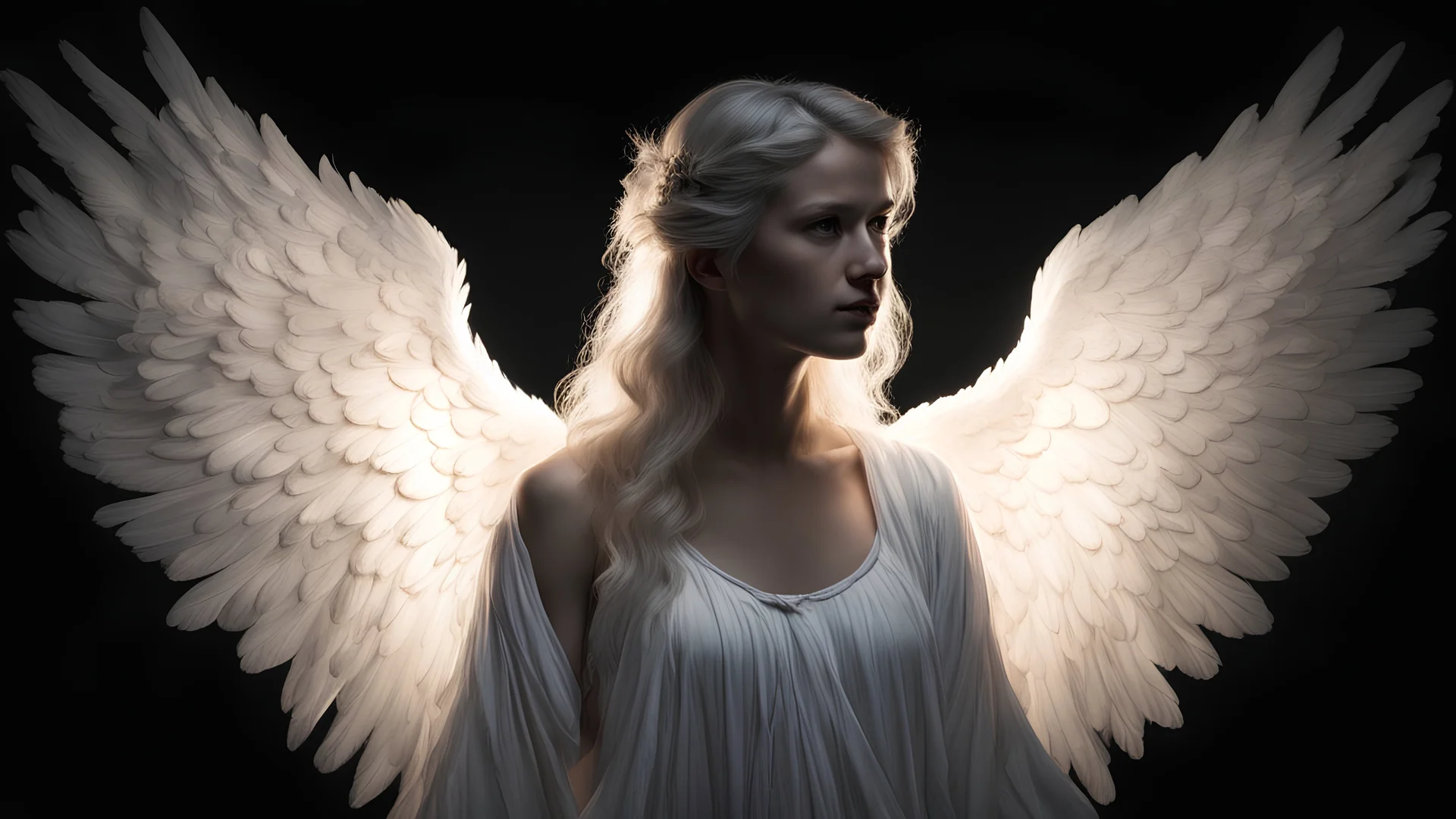 Female angel, black background, low lighting