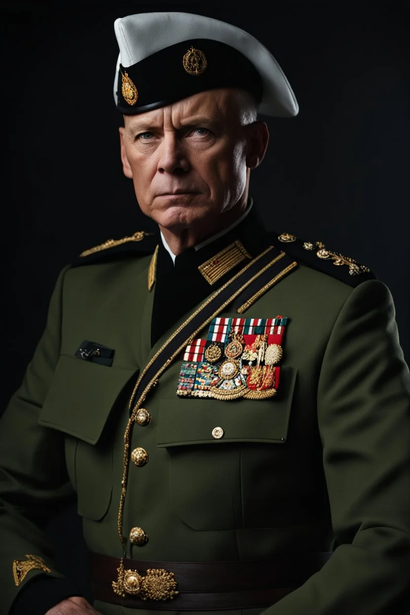 portrait of a 50 year old evil military leader. Cruel expression, dark crew cut hair,