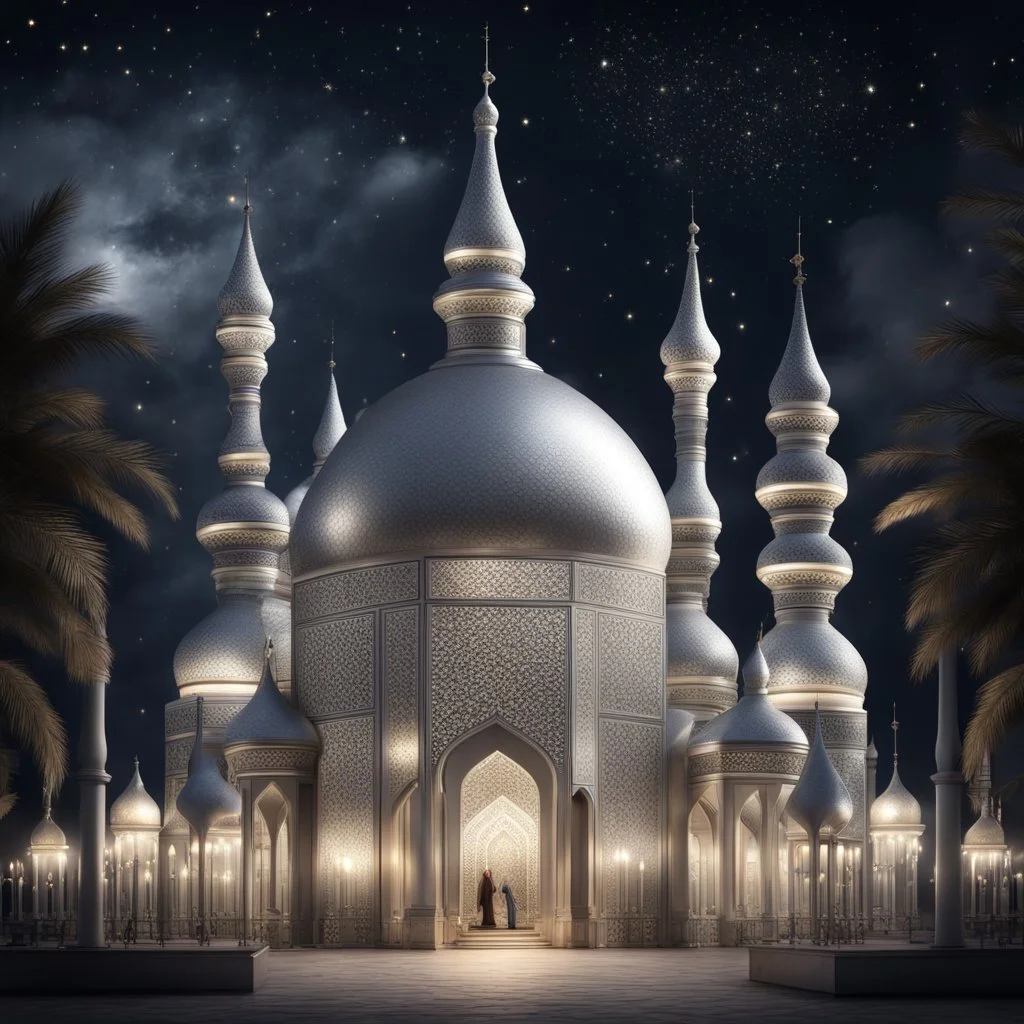 Hyper Realistic Silver Mosque with beautifully-crafted-domes-&-minarets & light-lamp-stand at beautiful dark night with stars on sky & few men worshiping