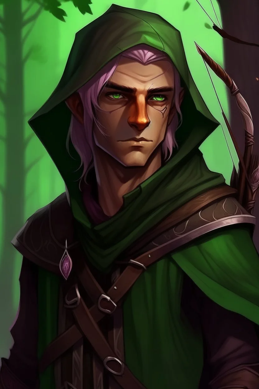 Male wood elf, rogue assassin, light brown skin, bright green eyes, mauve hair, hooded all black leather, sneaky, trees, stoner, long bow