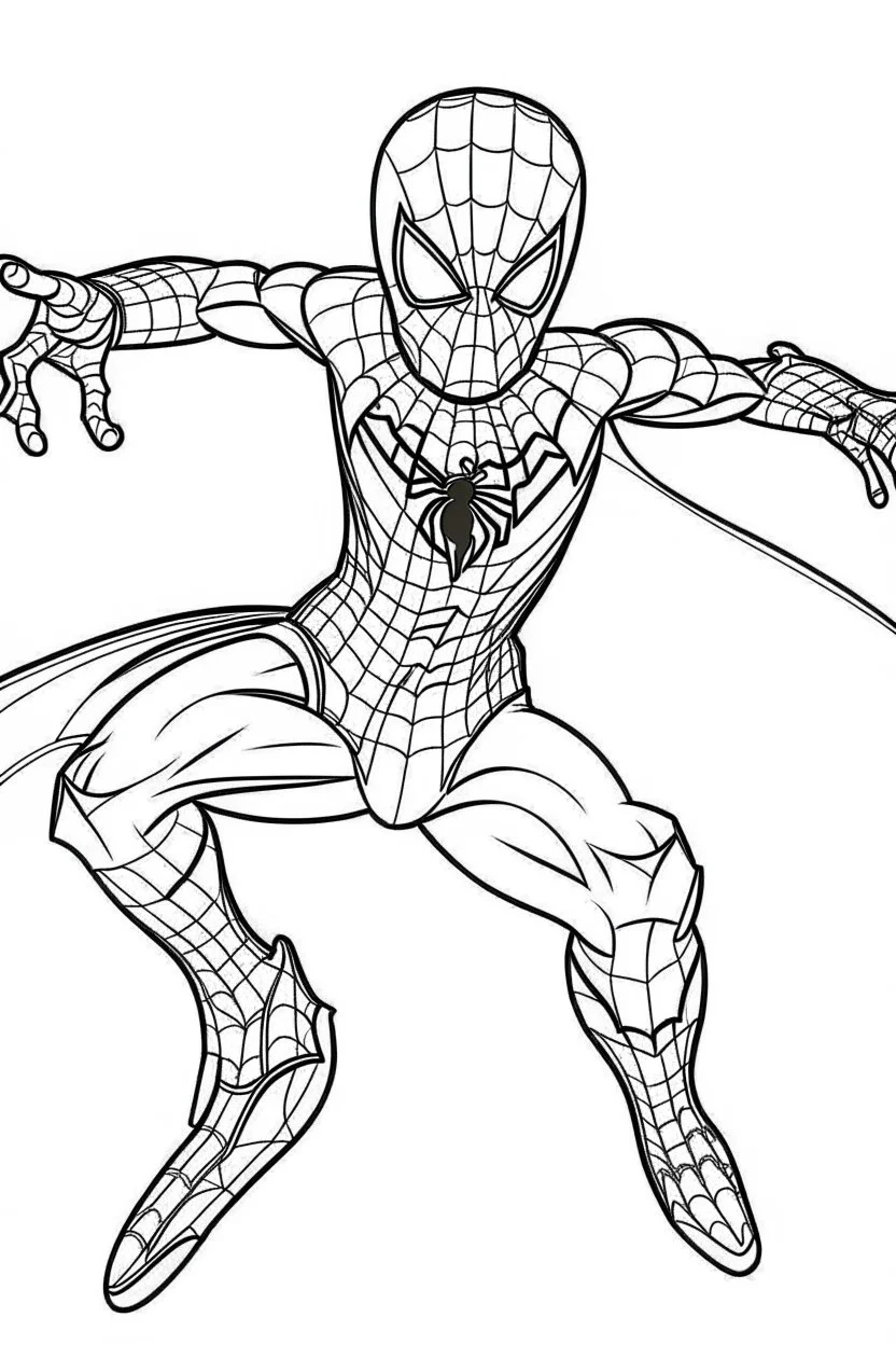 a cartoon image of Spiderman flying. kids coloring book. no color. thin crisp lines