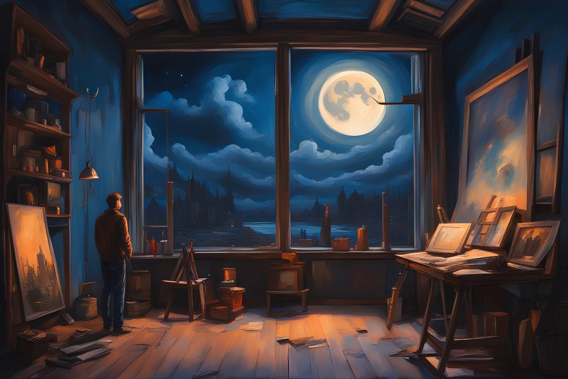 night scene, big spacious high ceiling attic that is old painting studio. one man artist standing in front of the window and painting the moon on a canvas. huge window showing the tawny moon outside. dark cool blue light of the night. dark brown wood of the interior.