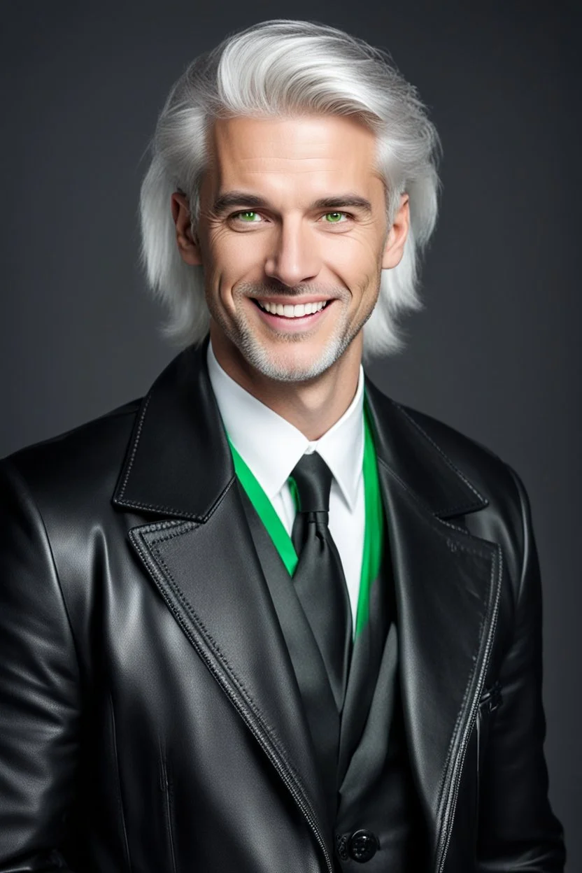 plauge doctor in balck leather coat and suit with silver hair, pale skin and bright green eyes smiling with sharp teeth, nice young face, male, viscious smile