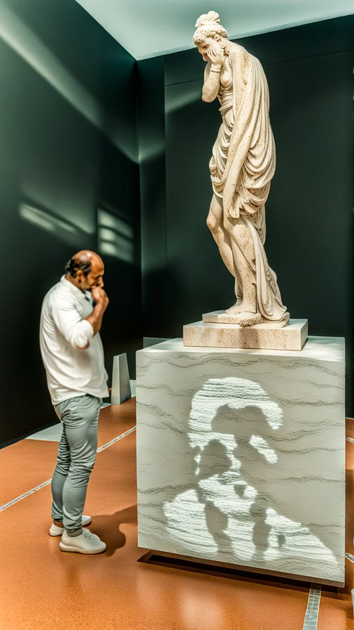 Contemporany Greek sculpture in Portuguese natural stone, marble, Shot on Canon EOS R5, 50mm lens, depth of field, shutter speed 1/ 1000, f/ 2. 8, white balance, 6000k. High resolution, realistic details, HDR efects, film grain, 8K. -–ar 2:3