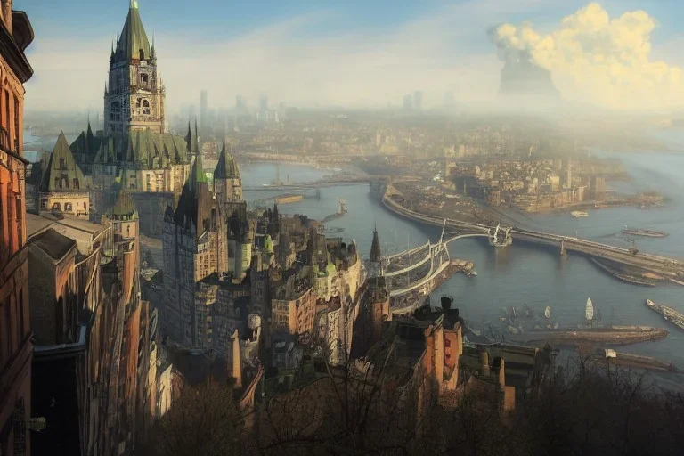 Quebec city+Livorno canal+bridges+corner building on hill+tree+Gothic city+BioShock+Dishonored+Bloodborne +trieste+Edinburgh+Chicago+victorian London+decòpunk Skyscraper+ +steampunk+biopunk+alphonse mucha, greg rutkowski,matte painting, cryengine, hyper detailed, felix kelly, fantasy art, seb mckinnon