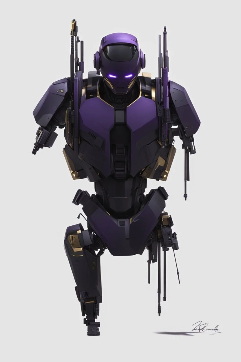 Human Like Cyborg, Royal purple and Gold, Combat Robot, Dangerous, Strong, Destroyed