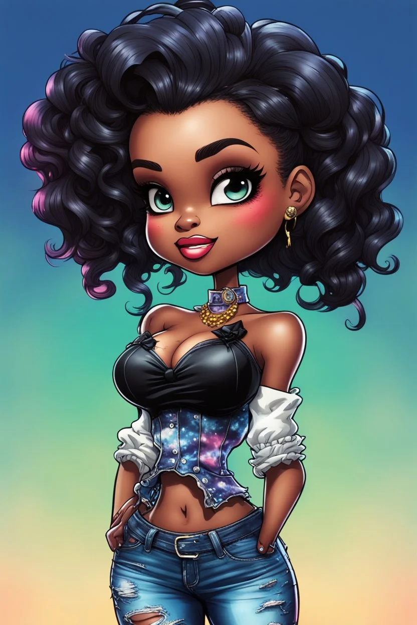 vibrant psychedelic comic book image, airbrush, 48k, cartoon art of a chibi curvy black female wearing torn jeans pants and a black tie dye off the shoulder blouse. Prominent make up with lush lashes. Highly detailed sleek wavy ponytail