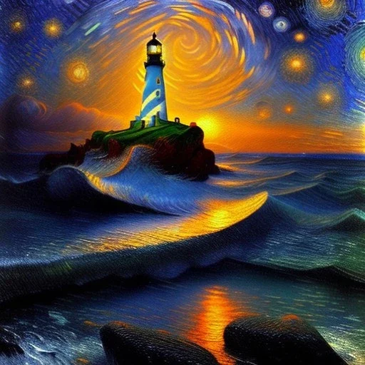 Fantasy, light house, Rocks, lighting, surreal, waves crashing below on the Rocks , 8k, sunset, sketch by Van Gogh in oil